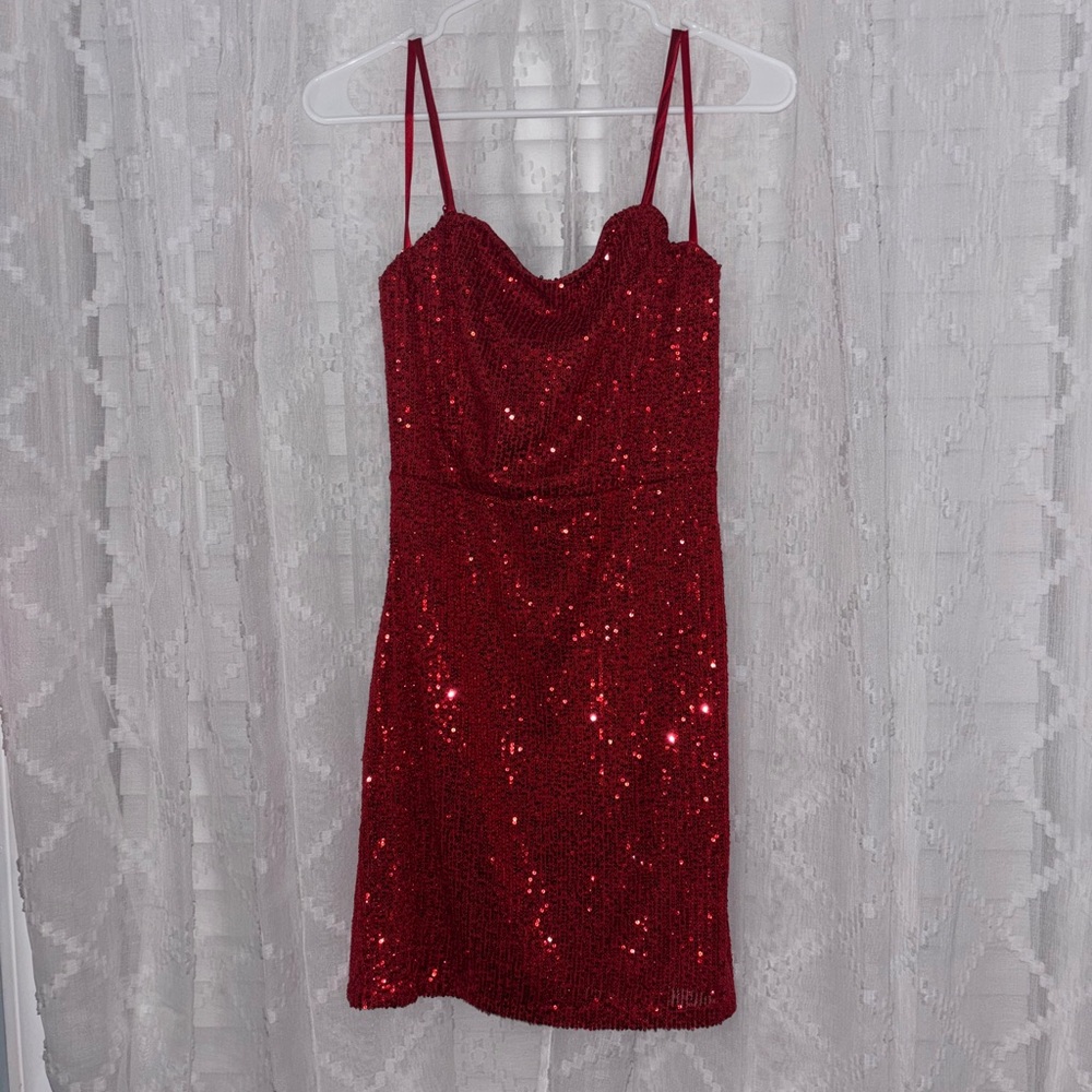 Red Sequin Mini Dress with Cowl Neck